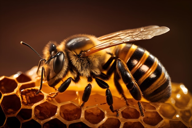 Une abeille sur un nid d'abeille avec un fond marron