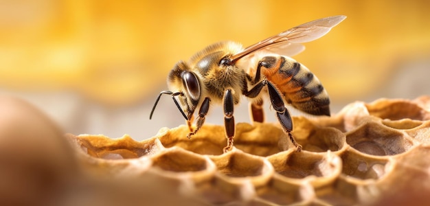 Une abeille sur un nid d'abeilles avec un fond jaune