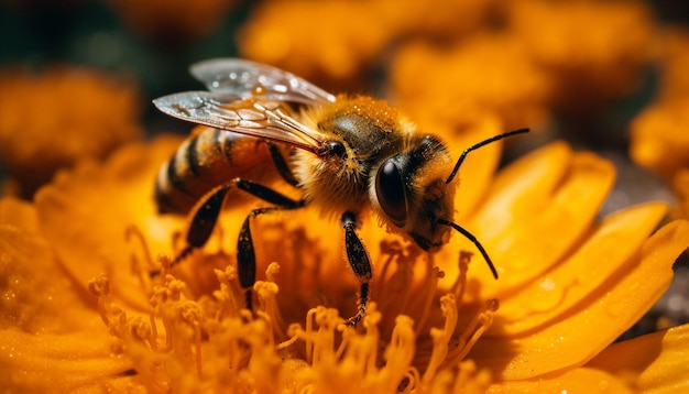 Abeille occupée à collecter le pollen d'un capitule jaune généré par l'IA
