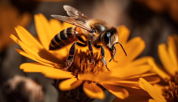 L'abeille occupée pollinise la fleur jaune en gros plan macro généré par l'IA