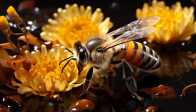 Une abeille occupée pollinise les fleurs en collectant du pollen pour la production de miel généré par l'intelligence artificielle