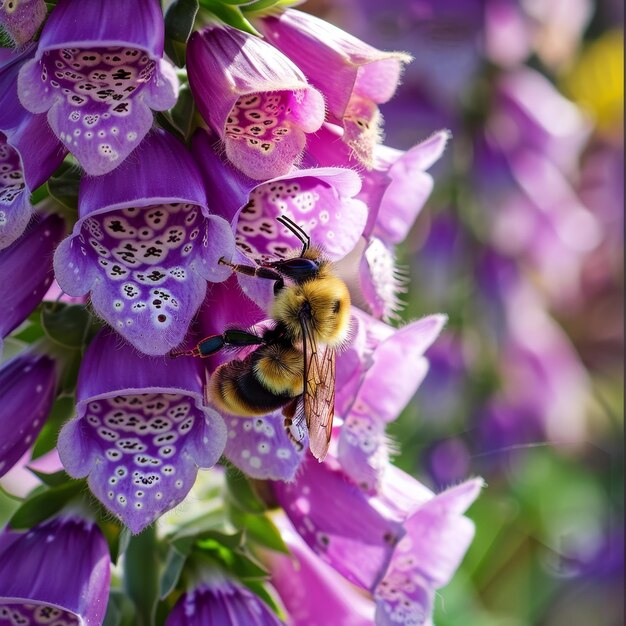 Une abeille occupée profondément absorbée par les somptueuses teintes de lavande d'une fleur de foxglove en fleurs sur un jour lumineux