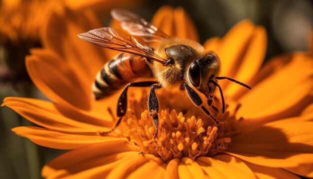 Abeille occupée à ramasser le pollen du capitule jaune généré par l'IA