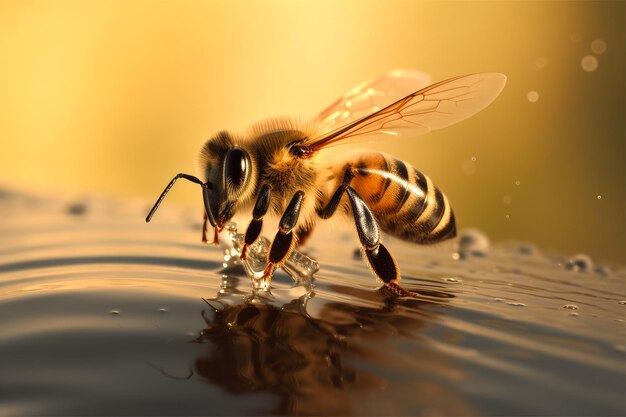 Une abeille patauge dans l'eau.