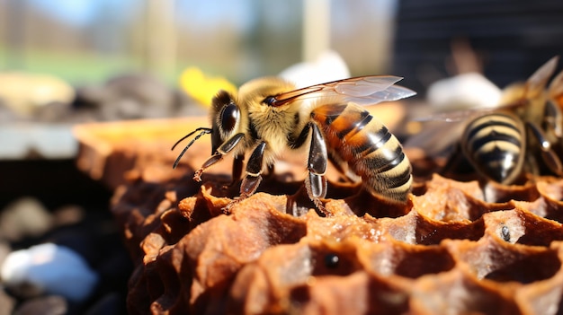 Photo l'abeille sur les peignes de la ruche