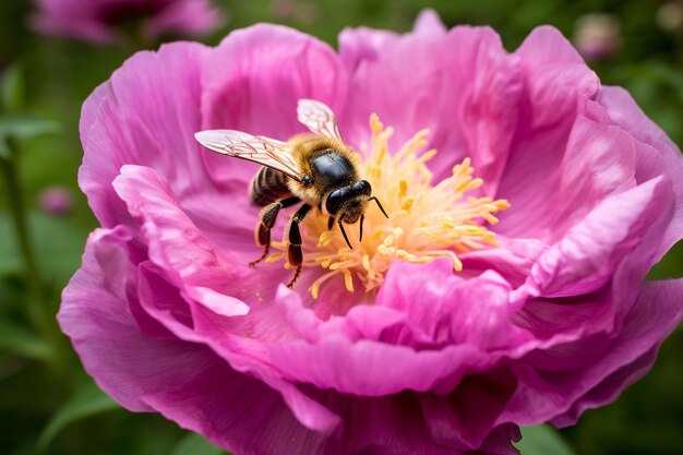 Une abeille sur une pivoine avec un focus doux pour un regard de rêve