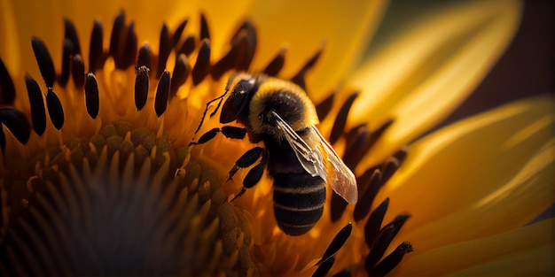 Une abeille planant tout en collectant le pollen de la fleur de tournesol gros plan généré par macro ai