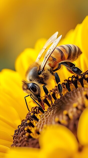 Une abeille pollinisatrice de fleurs jaunes de près