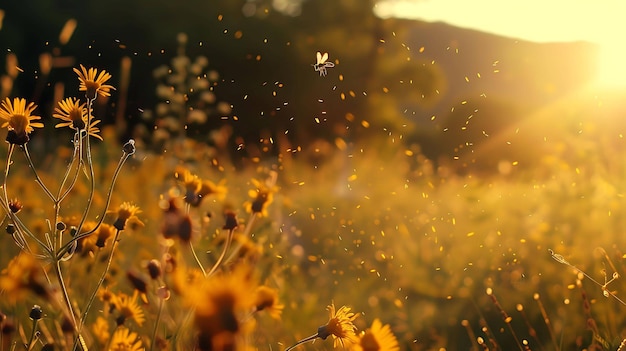 Une abeille pollinise une fleur dans un champ de fleurs jaunes Le soleil se couche en arrière-plan
