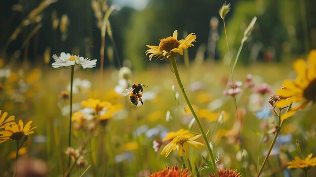 Photo une abeille pollinise une fleur dans un champ plein de fleurs l'abeille est en plein vol avec ses ailes déployées