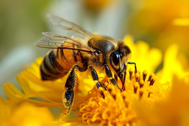 Une abeille qui recueille le pollen d'une fleur jaune.