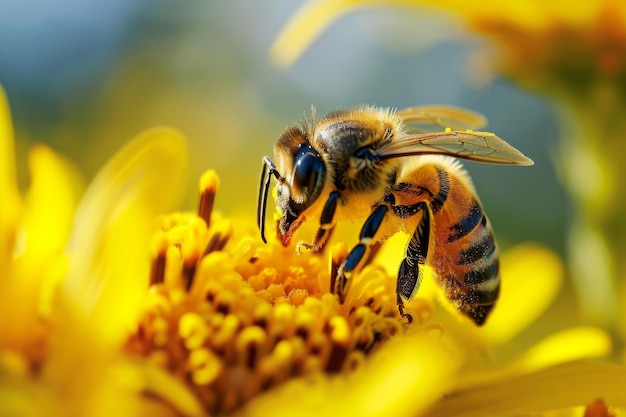 Une abeille qui recueille le pollen d'une fleur jaune.