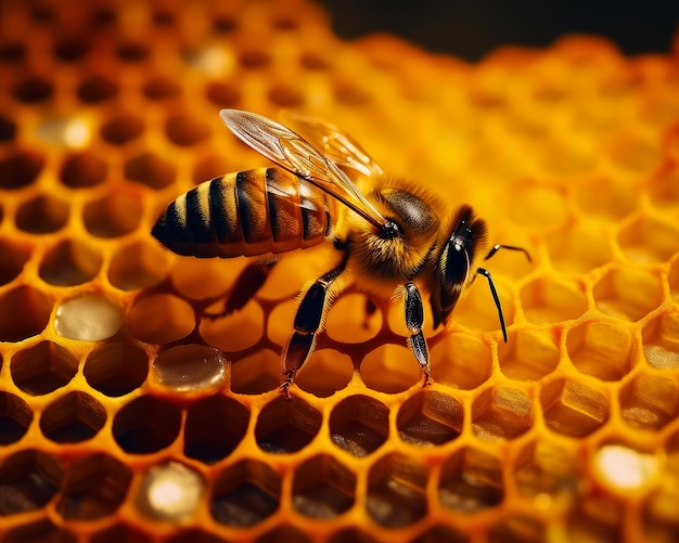 Une abeille sur un rayon de miel avec le mot abeille dessus