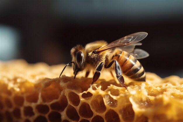 Une abeille sur un rayon de miel avec le mot abeille dessus