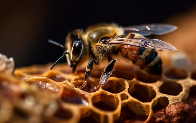 Une abeille sur un rayon de miel avec le mot abeille dessus