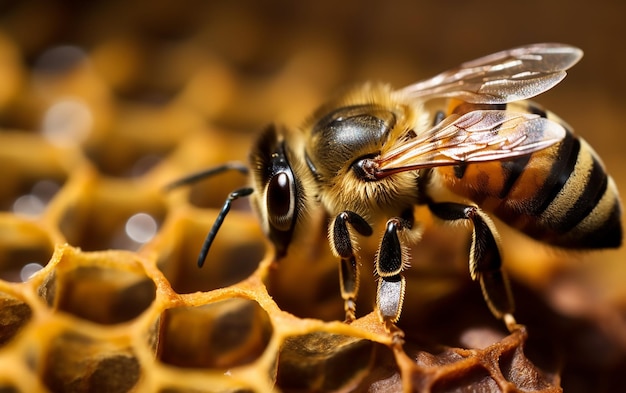 Une abeille sur un rayon de miel avec le mot abeille dessus