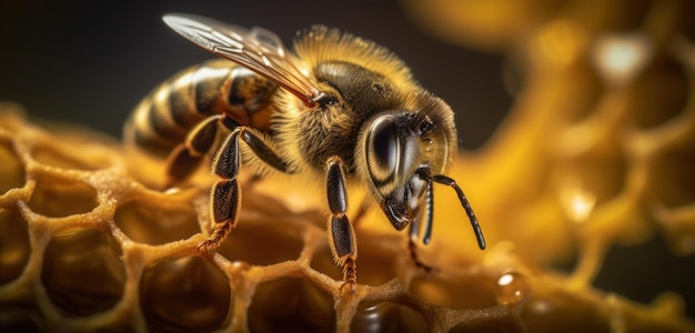 Une abeille sur un rayon de miel avec le mot miel dessus