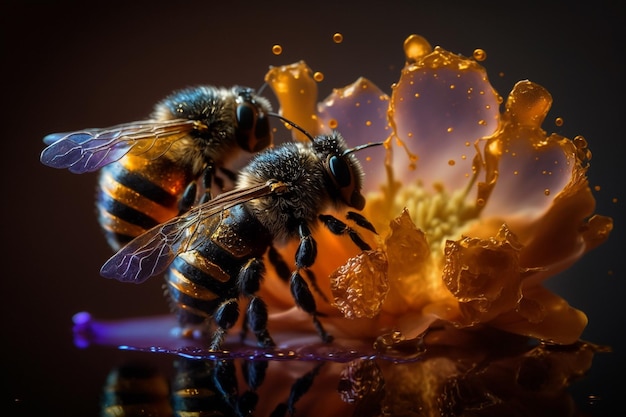 Une abeille recueille du miel sur des fleurs dans la nature Gros plan d'une abeille se nourrissant de nectar Prairie d'été à fleurs multicolores Prairie de fleurs sauvages en fleurs luxuriantes dorées avec des herbes et des fleurs sauvages