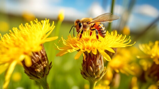 Une abeille recueille le nectar d'une fleur dans un prairie fabriqué avec l'IA générative