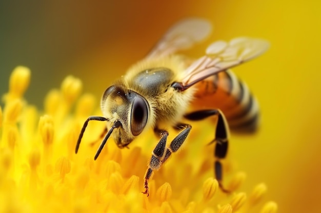 L'abeille recueille le pollen et le nectar sur la vue macro de l'abeille fleur IA générative