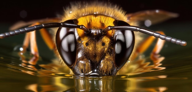 Une abeille regarde dans l'eau les yeux fermés.