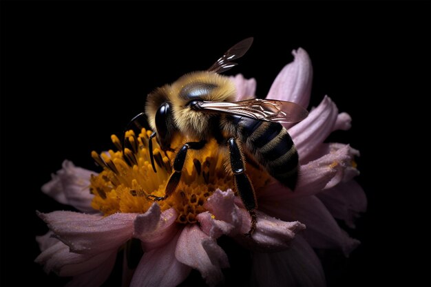 une abeille s'assoit sur une fleur et recueille le pollen