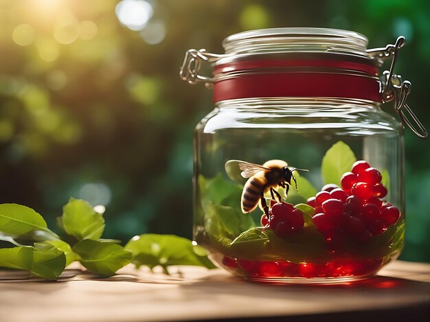 Une abeille s'envolant d'un pot en verre dans un panier à feuilles vertes et rouges et une flamme de lentille