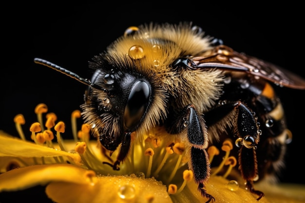 Une abeille se repose sur une fleur avec un fond noir