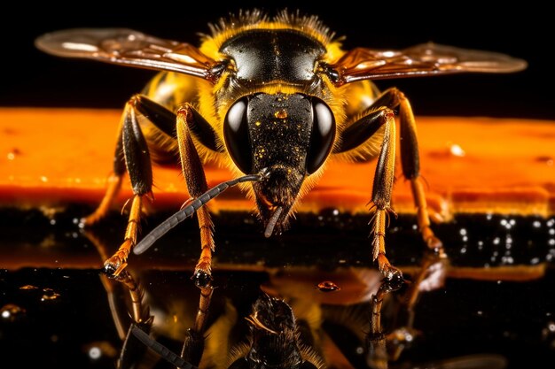 Une abeille sur une surface réfléchissante montrant sa face inférieure