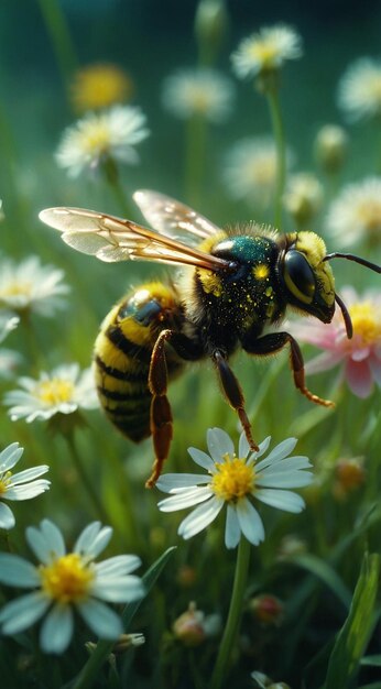 une abeille avec une tête jaune et un visage bleu et noir est entourée de fleurs