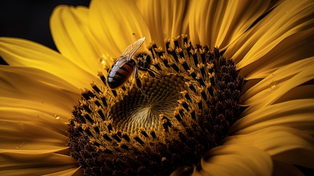 Une abeille sur un tournesol avec un fond jaune