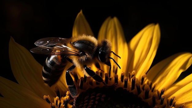 Une abeille sur un tournesol avec un fond noir