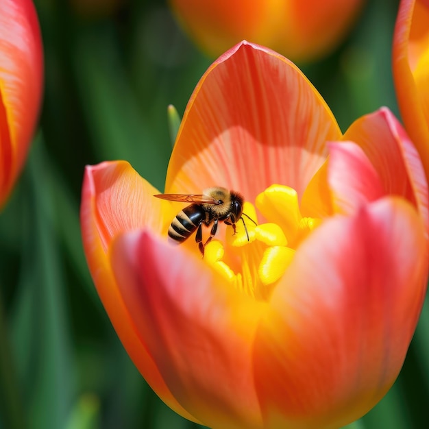 Une abeille sur une tulipe avec une bande jaune.