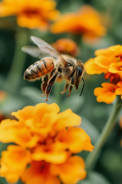 L'abeille volant au-dessus des fleurs dans le pré de près