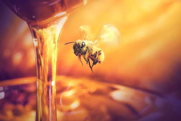 Abeille volant au miel dégoulinant dans un bocal en verre
