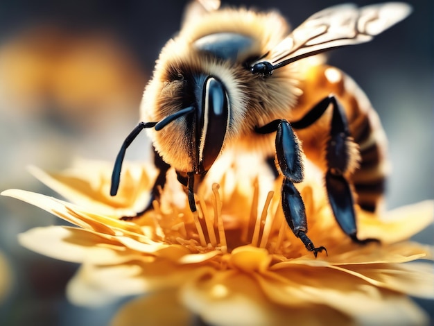 Abeille volante collectant du pollen sur une fleur jaune Abeille volant au-dessus de la fleur