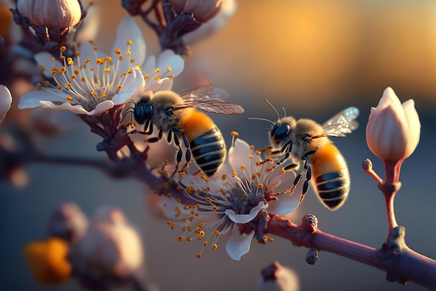 Abeille volante collectant le pollen d'abeille de la fleur de pommier AI générée