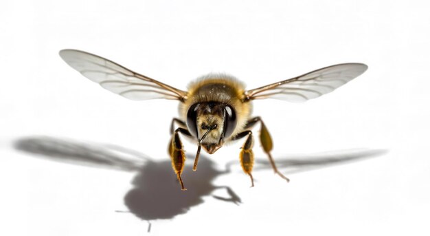 Une abeille vole dans les airs avec ses ailes déployées.