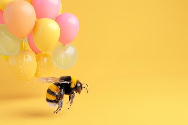 Une abeille vole devant un groupe de ballons.