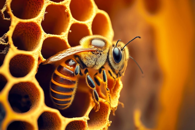 L'abeille a volé avec du nectar pour rucher au rucher et s'assied sur le nid d'abeilles