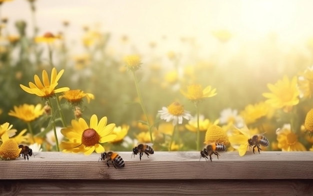 Abeilles sur une clôture en bois avec des fleurs jaunes en arrière-plan