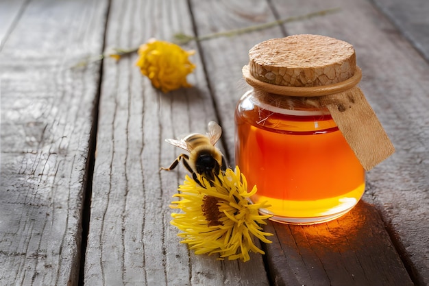 Des abeilles à côté d'une bouteille de miel sur une table en bois
