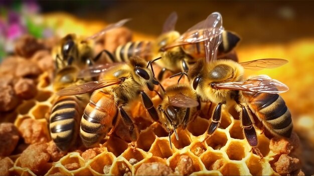 Abeilles dans le nid d'abeilles close up miel mode de vie sain AI généré