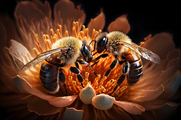 Abeilles sur une fleur avec une fleur rouge