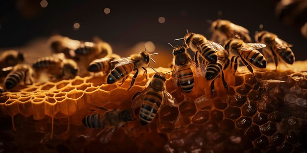 Abeilles industrieuses créant du miel sur un nid d'abeilles animé AI générative