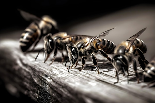 Abeilles mellifères assises à l'entrée de la ruche