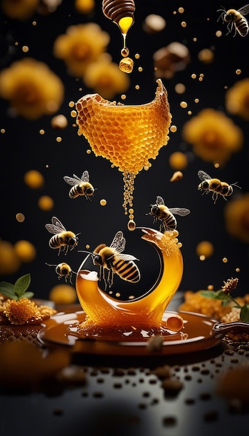 Photo les abeilles et le miel tombent dans les airs avec des ingrédients.