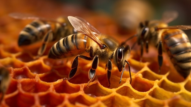 Abeilles sur nid d'abeilles construisant une ruche AI générative