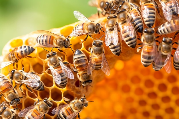 Les abeilles sur un nid d'abeilles dans une ruche en été Les abeilles de miel communiquent les unes avec les autres AI Génératif