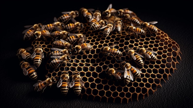 Abeilles sur nid d'abeilles dans le rucher Vue rapprochée des abeilles ouvrières sur honeycellsgenerative ai